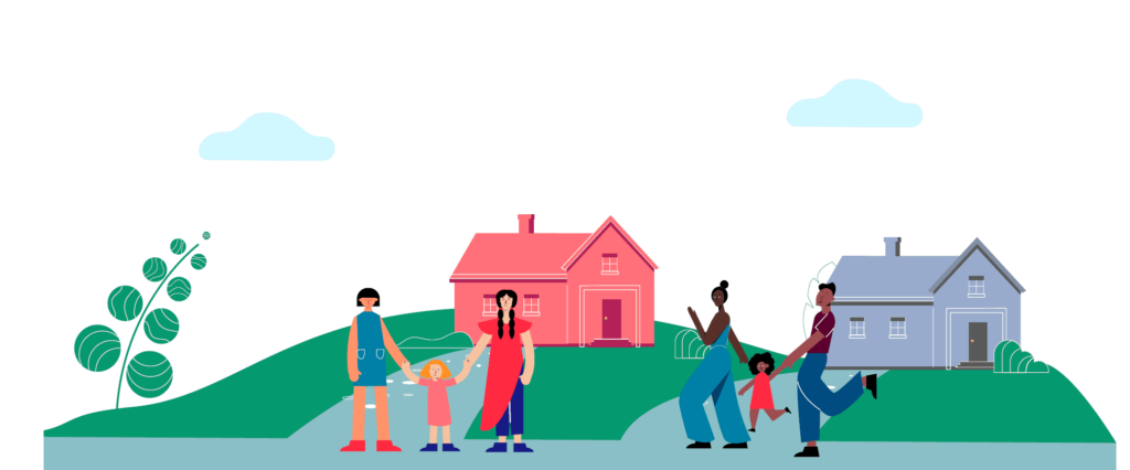 an ilustration of two families standing at the end of their driveways in front of their homes